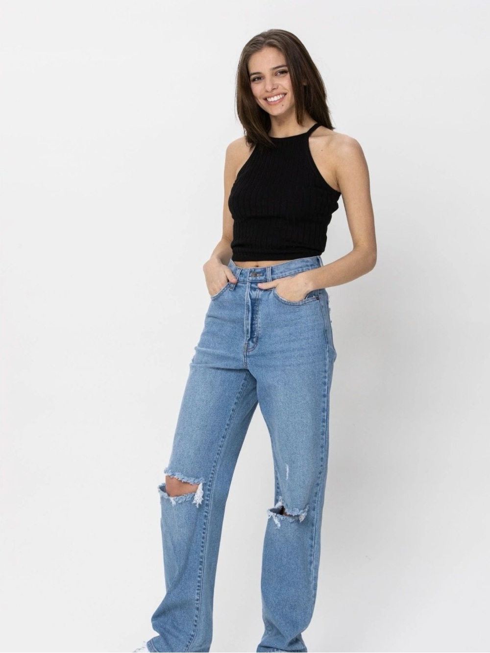 Cello Light Blue High-Rise Distressed Straight Jeans - Women